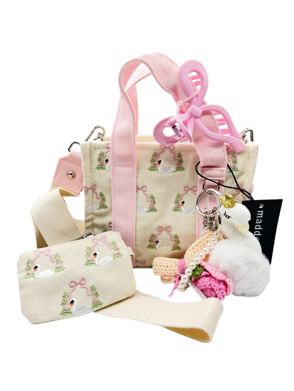 Madden Girl Vital Swan Embroidered Crossbody Mini Tote with Charms & Pouch